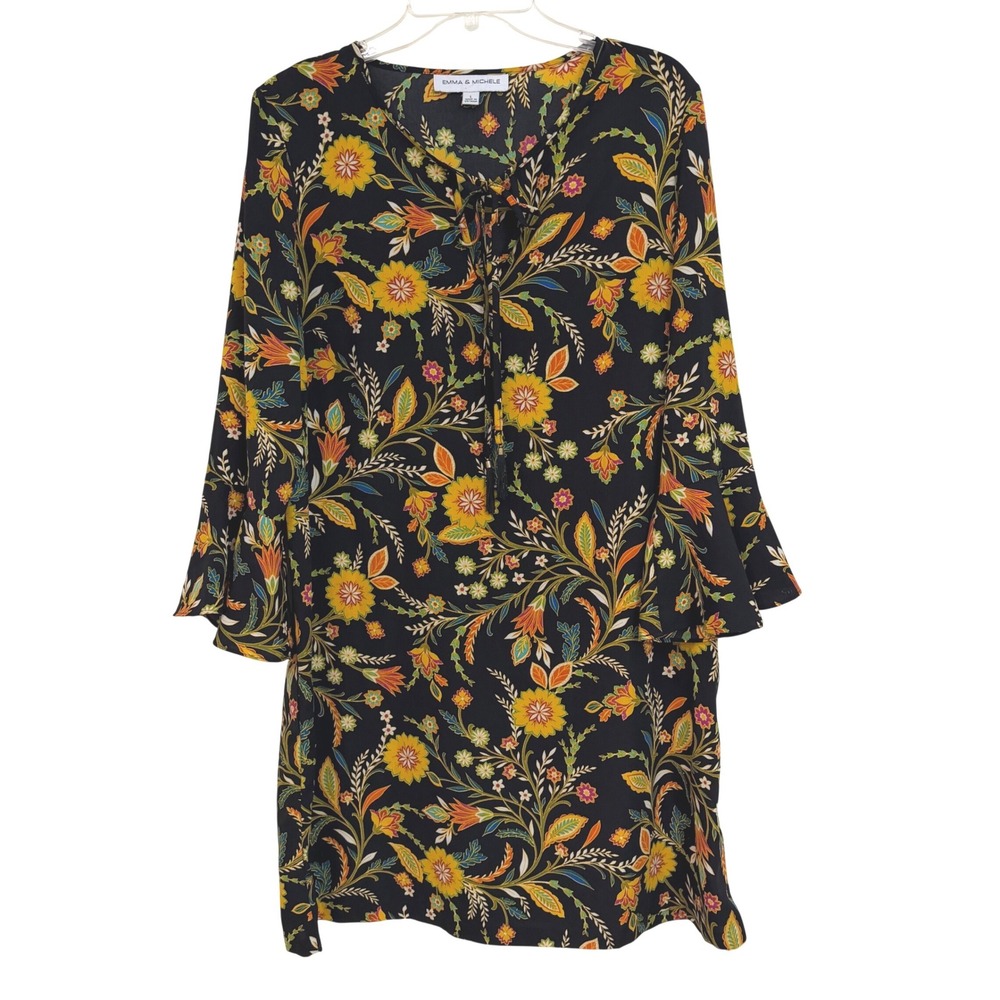 Emma & Michele Floral Bell Sleeve Shift Dress Black Yellow Tassel Tie L NWOT